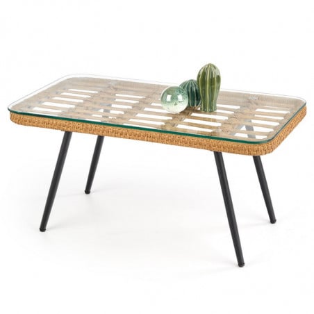 Table basse en acier avec plateau en rotin synthétique et verre Garden