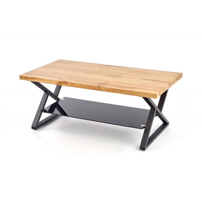 Table basse rectangulaire avec pieds design en acier noir étagère en verre et plateau aspect chêne naturel Hulla