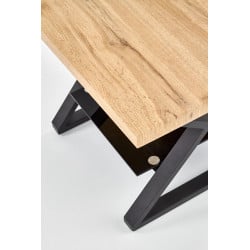 Table basse carrée avec pieds acier noir plateau aspect chêne et étagère en verre Hulla