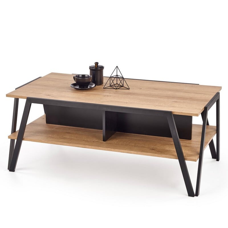 Table basse rectangulaire design aspect chêne et pieds métal noir Walt