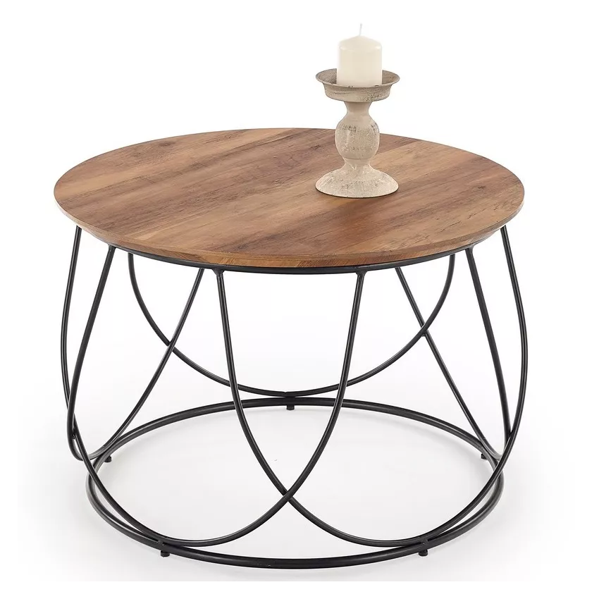 Table basse design avec plateau rond style noyer et structure en acier