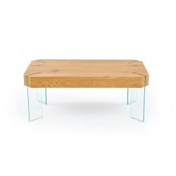 Table basse design avec épais plateau aspect chêne doré et pieds en verre Marseille