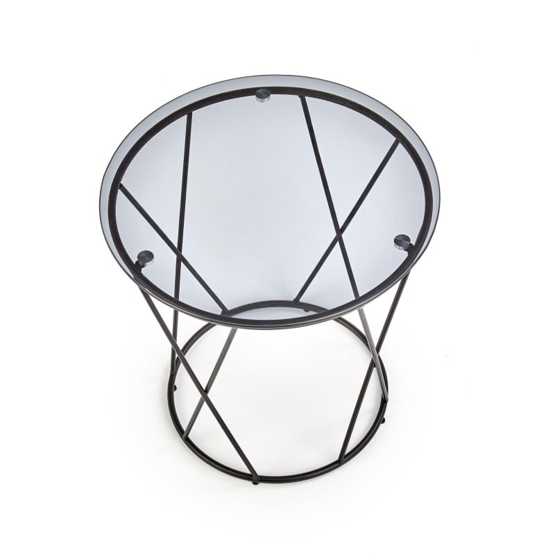 Table basse ronde avec piètement design en acier noir et plateau en verre fumé Rogue