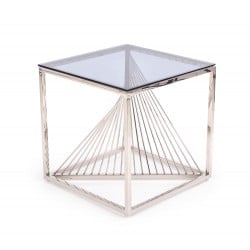 Table basse carrée avec plateau en verre fumé et piètement design en acier chromé Stone