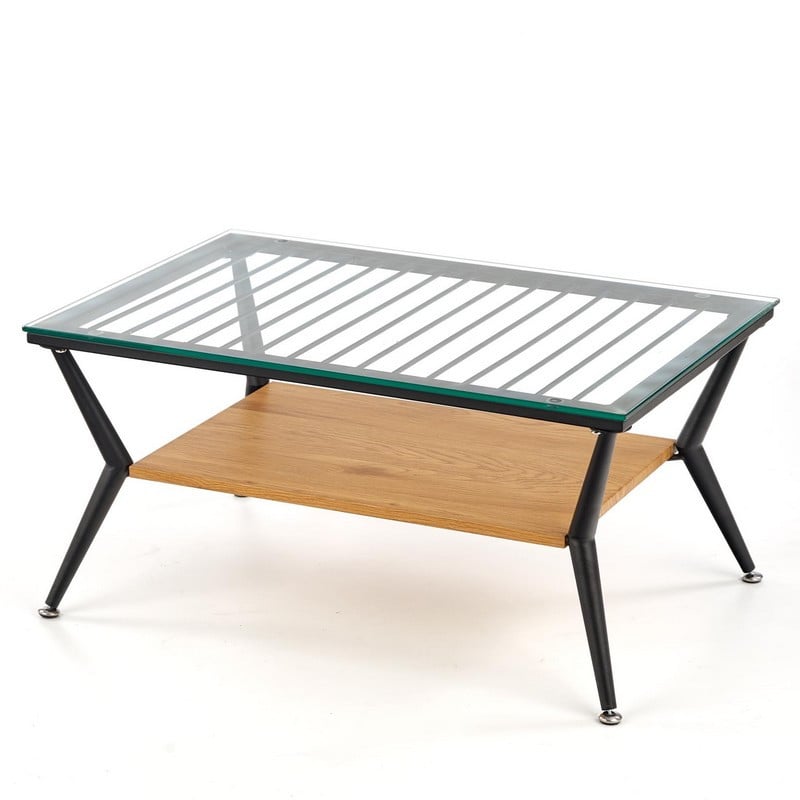 Table basse design avec étagère aspect chêne pieds métal et plateau verre Campaign