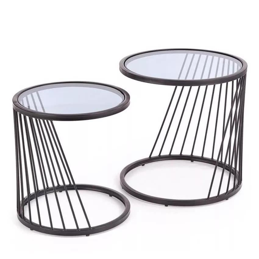 Ensemble de deux tables basses gigognes design avec structure en acier noir et plateau en verre Rapture