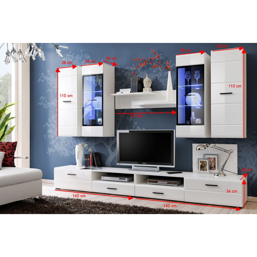 Ensemble Mural Salon Stella Trading - Blanc Brillant, 230x190x40cm, Meuble TV Avec Rangement Moderne