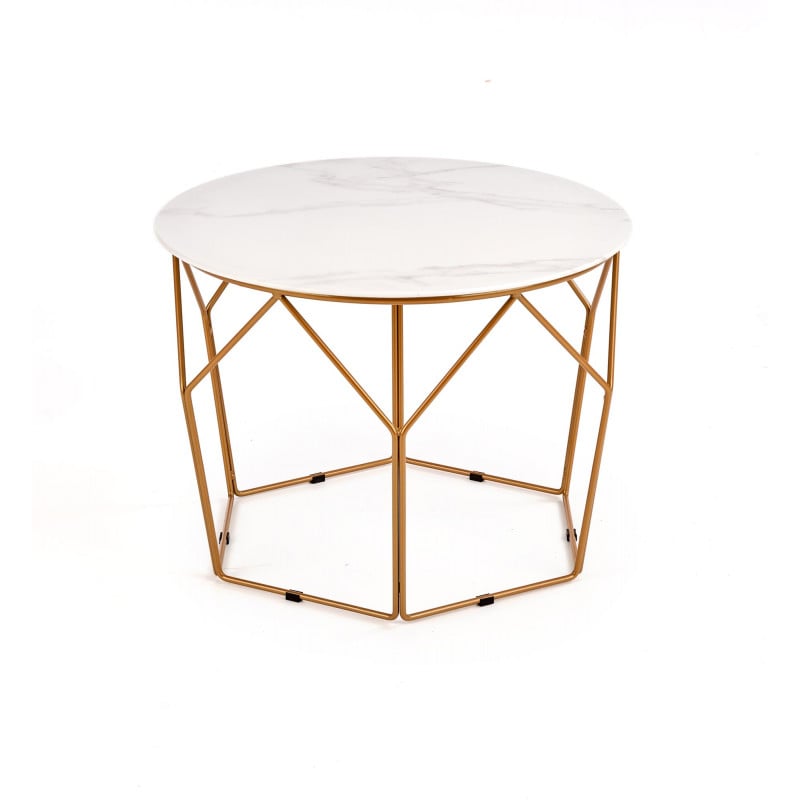 Table basse design avec plateau en marbre blanc de 60 cm de diamètre et structure en acier doré Melba