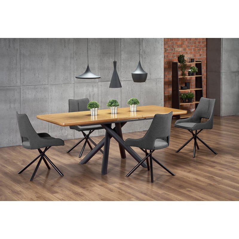 Table de salle à manger avec pied central design en acier noir et plateau aspect chêne Montevideo