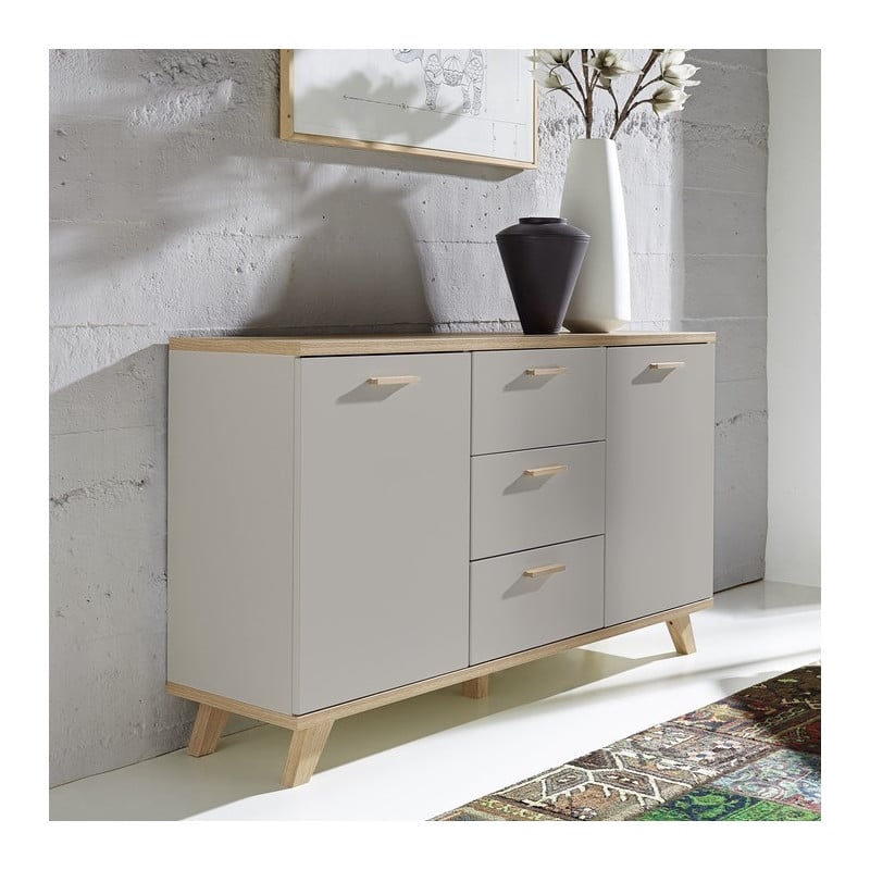 Buffet gris et bois 2 portes 3 tiroirs Elsborg