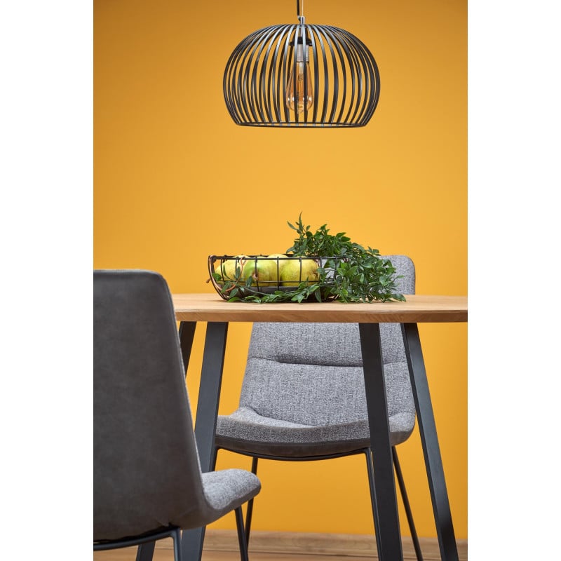 Table de salle à manger ronde avec plateau aspect chêne doré et structure en acier noir Pablo