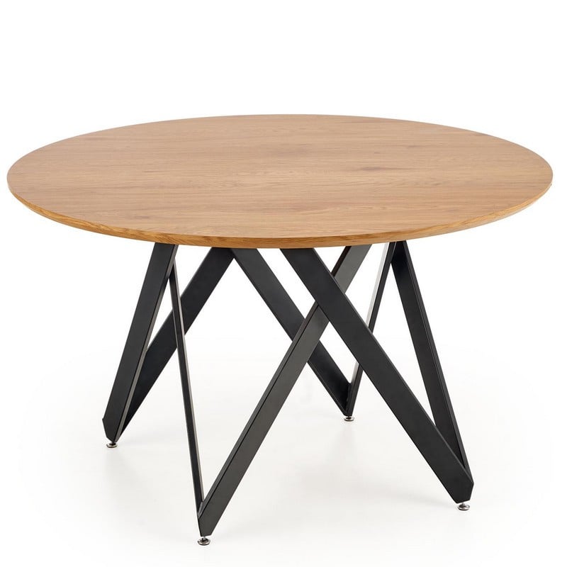 Table de salle à manger ronde avec plateau aspect chêne doré et piètement design en acier noir Spin