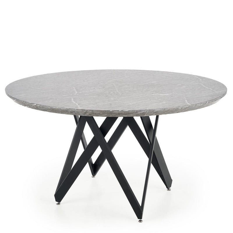 Table de salle à manger ronde avec plateau aspect marbre et piètement design en acier noir Forza