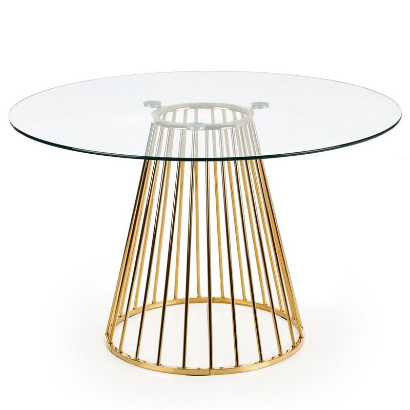Table de salle à manger ronde avec plateau en verre et pied central en acier doré Cambridge