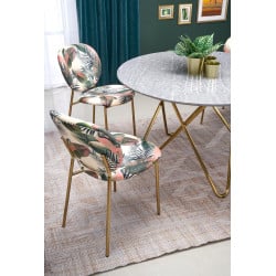 Table de salle à manger ronde avec plateau aspect marbre et structure design en acier doré Break