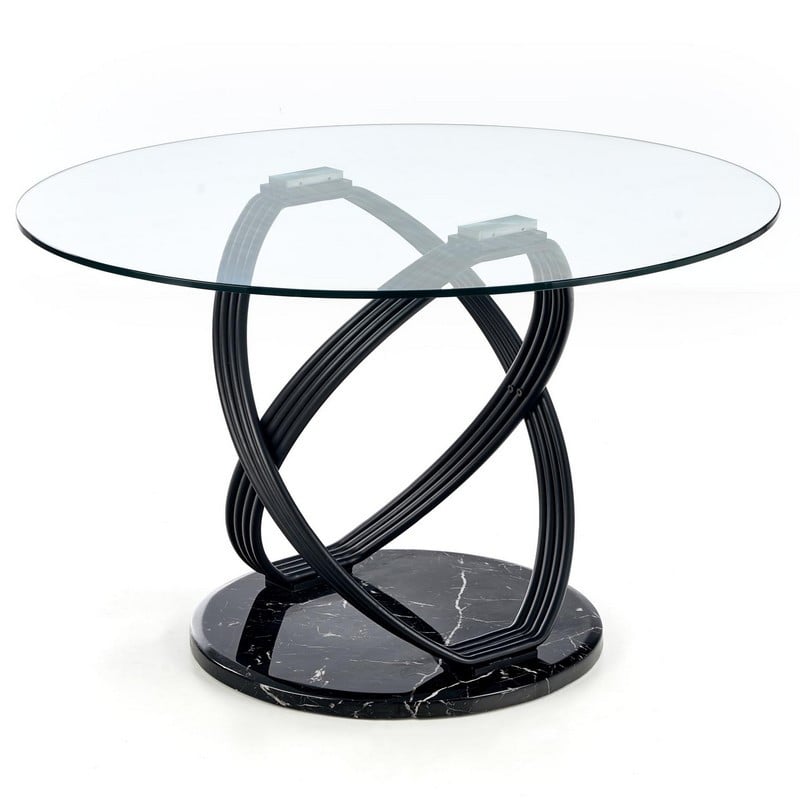 Table de salle à manger ronde avec plateau en verre et pied design en acier noir Illusion