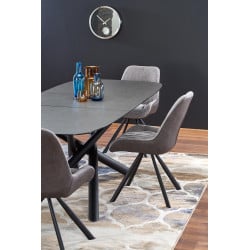 Table de salle à manger extensible avec plateau en verre gris foncé et pied central design en acier noir Chambord