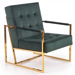 Fauteuil lounge en velours vert foncé avec structure en acier doré Gaia