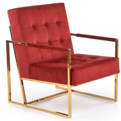 Fauteuil lounge en velours rouge foncé avec structure en acier doré Gaia