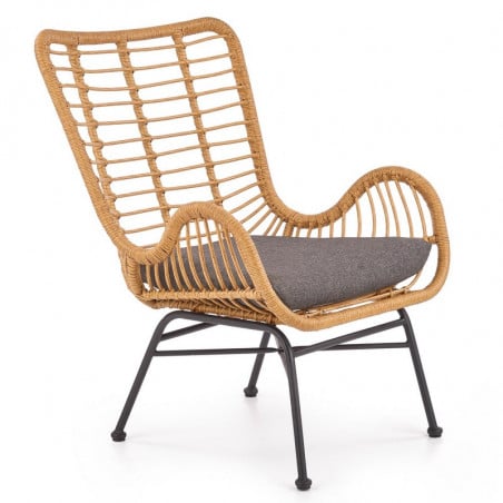 Fauteuil lounge en rotin synthétique avec coussin gris et structure en acier noir Carnac