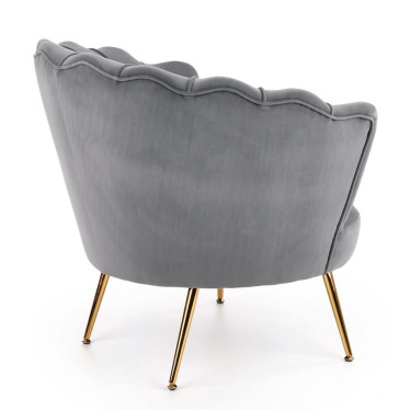Fauteuil cocktail gris Caprica dossier arrondi forme coquillage pieds or