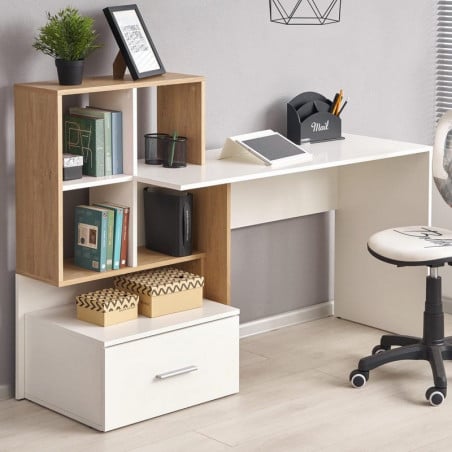 Bureau gris anthracite et aspect chêne avec grand tiroir et étagères STAND
