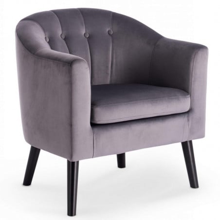 Fauteuil avec dossier arrondi à boutons en tissu gris avec pieds en bois peints en noir RENO - Fauteuils - So Inside
