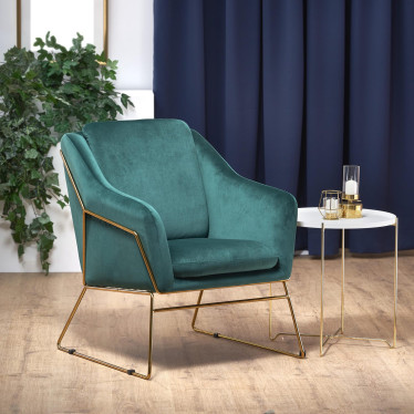 Fauteuil contemporain en velours vert avec structure design en acier doré JAZZY