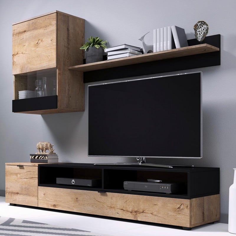 Ensemble TV design noir et bois avec rangements et étagère