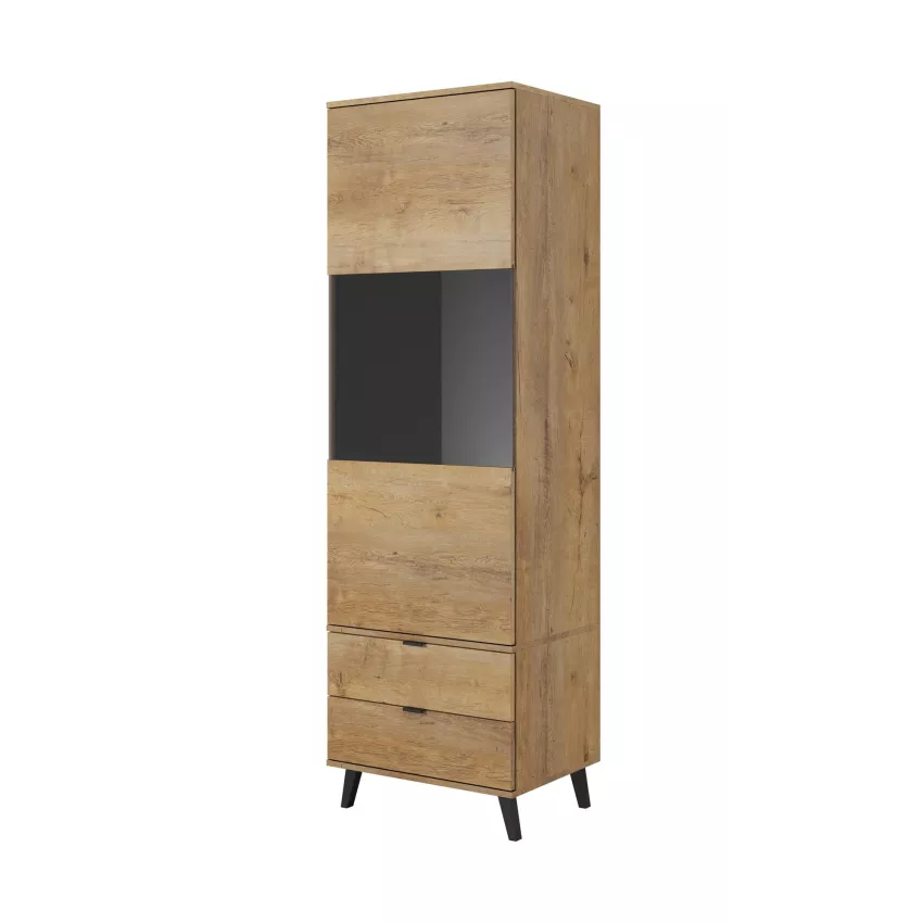 Armoire de salon style chêne avec porte vitrée et tiroirs Rust