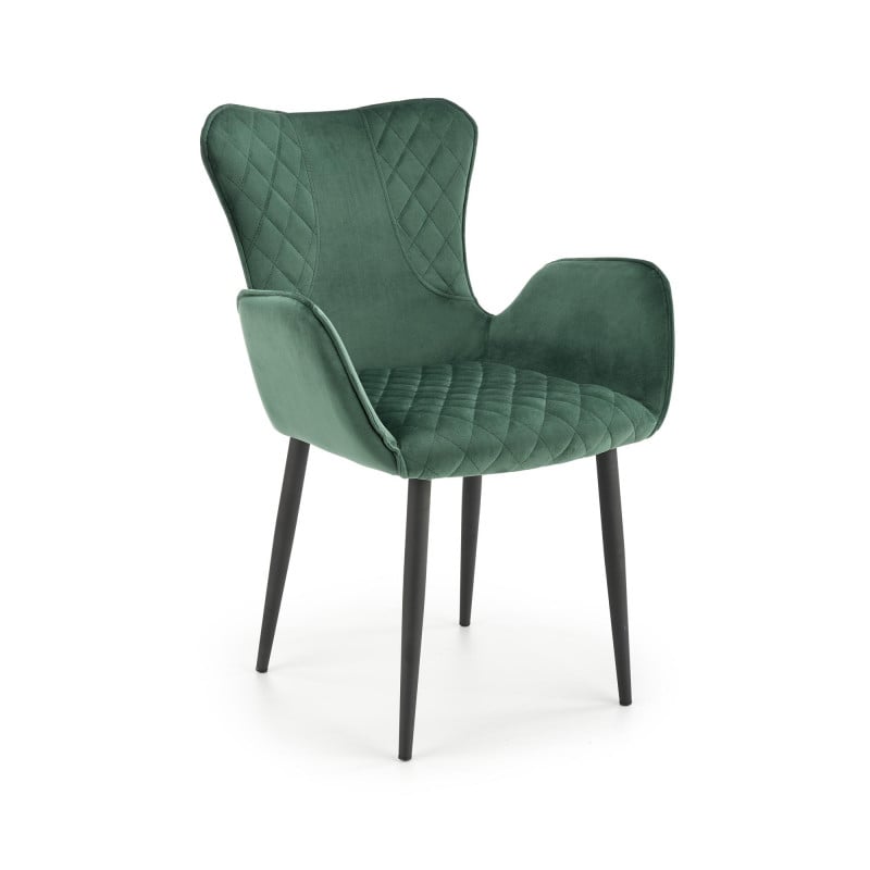 Chaise de salle à manger en velours vert avec accoudoirs et pieds en métal noir BELLONA