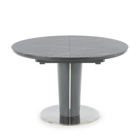 Table ronde grise style marbre 120-160cm avec rallonge et pied central Calvi - Table a manger marbre - So Inside