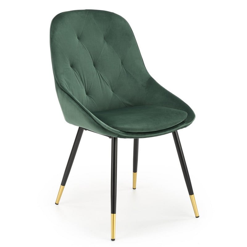 Chaise de salle à manger en velours vert avec pieds noirs et dorés en métal DAMONA