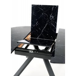 Table de salle à manger ronde extensible avec plateau en verre et aspect marbre noir GALATEE