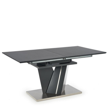 Table de salle à manger rectangulaire avec plateau en verre et pied central en métal gris MARICA