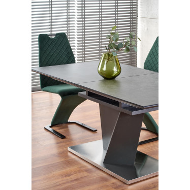 Table de salle à manger rectangulaire avec plateau en verre et pied central en métal gris MARICA