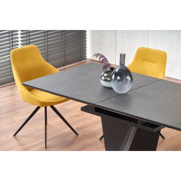 Table de salle à manger rectangulaire avec plateau en verre et pied central en métal gris MARICA