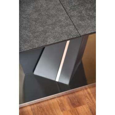 Table de salle à manger rectangulaire avec plateau en verre et pied central en métal gris MARICA