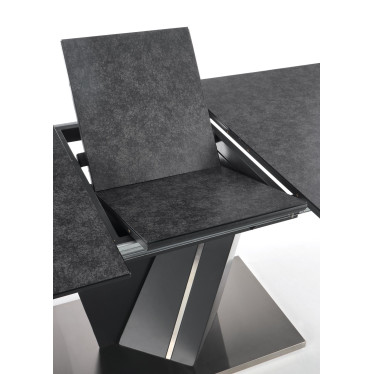 Table de salle à manger rectangulaire avec plateau en verre et pied central en métal gris MARICA