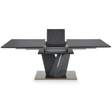 Table de salle à manger rectangulaire avec plateau en verre et pied central en métal gris MARICA