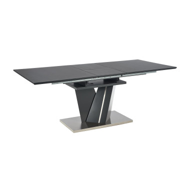 Table de salle à manger rectangulaire avec plateau en verre et pied central en métal gris MARICA