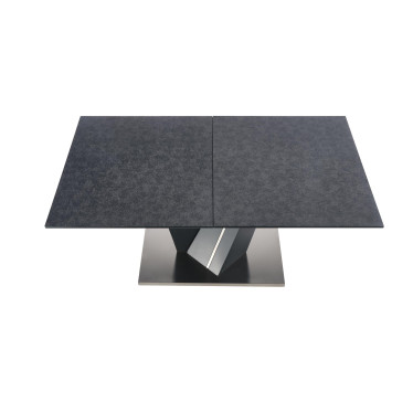 Table de salle à manger rectangulaire avec plateau en verre et pied central en métal gris MARICA