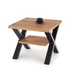 Table basse 65x65 cm aspect chêne avec pieds design en métal noir AURIGA