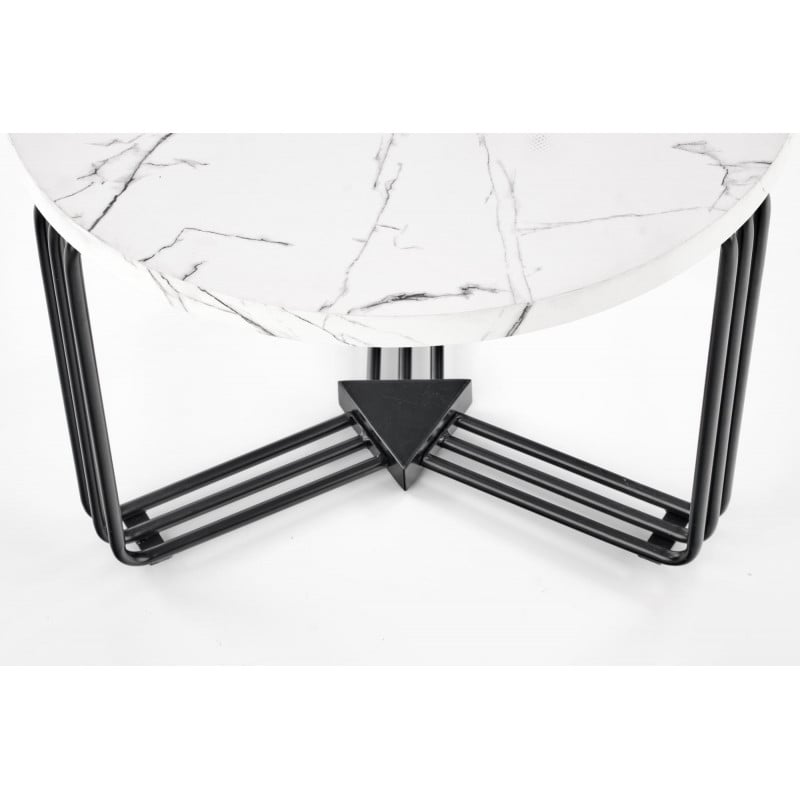 Table basse ronde avec plateau aspect marbre blanc et structure en métal noir ARUM-M