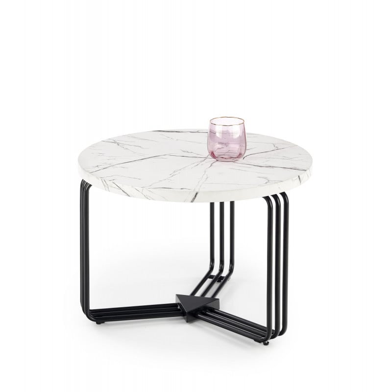 Table basse ronde avec plateau aspect marbre blanc et structure en métal noir ARUM-M