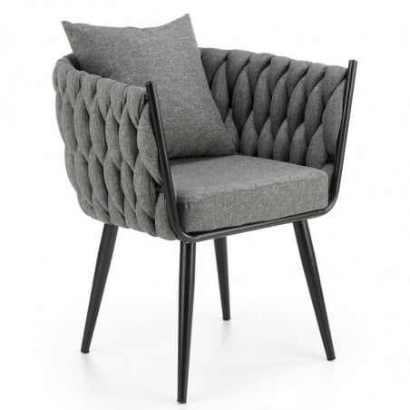 Fauteuil design rembourré en tissu gris avec pieds en métal noir LAUSANNE