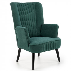 Fauteuil contemporain en velours vert avec haut dossier et pieds noirs en bois massif CYRUS