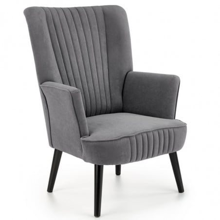 Fauteuil contemporain en velours gris avec haut dossier et pieds noirs en bois massif CYRUS