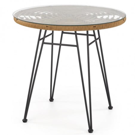 Table ronde avec plateau en rotin synthétique et verre avec structure en métal noir GAUVAIN