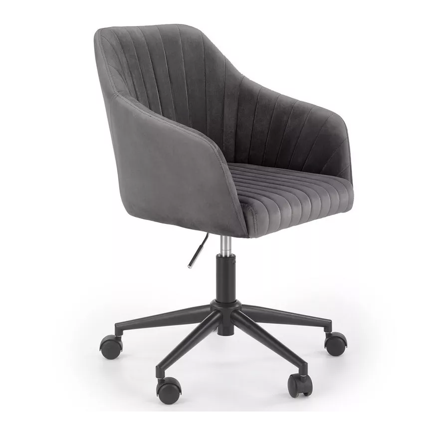 Fauteuil de bureau avec accoudoirs en velours gris avec piètement noir à roulettes EZRA